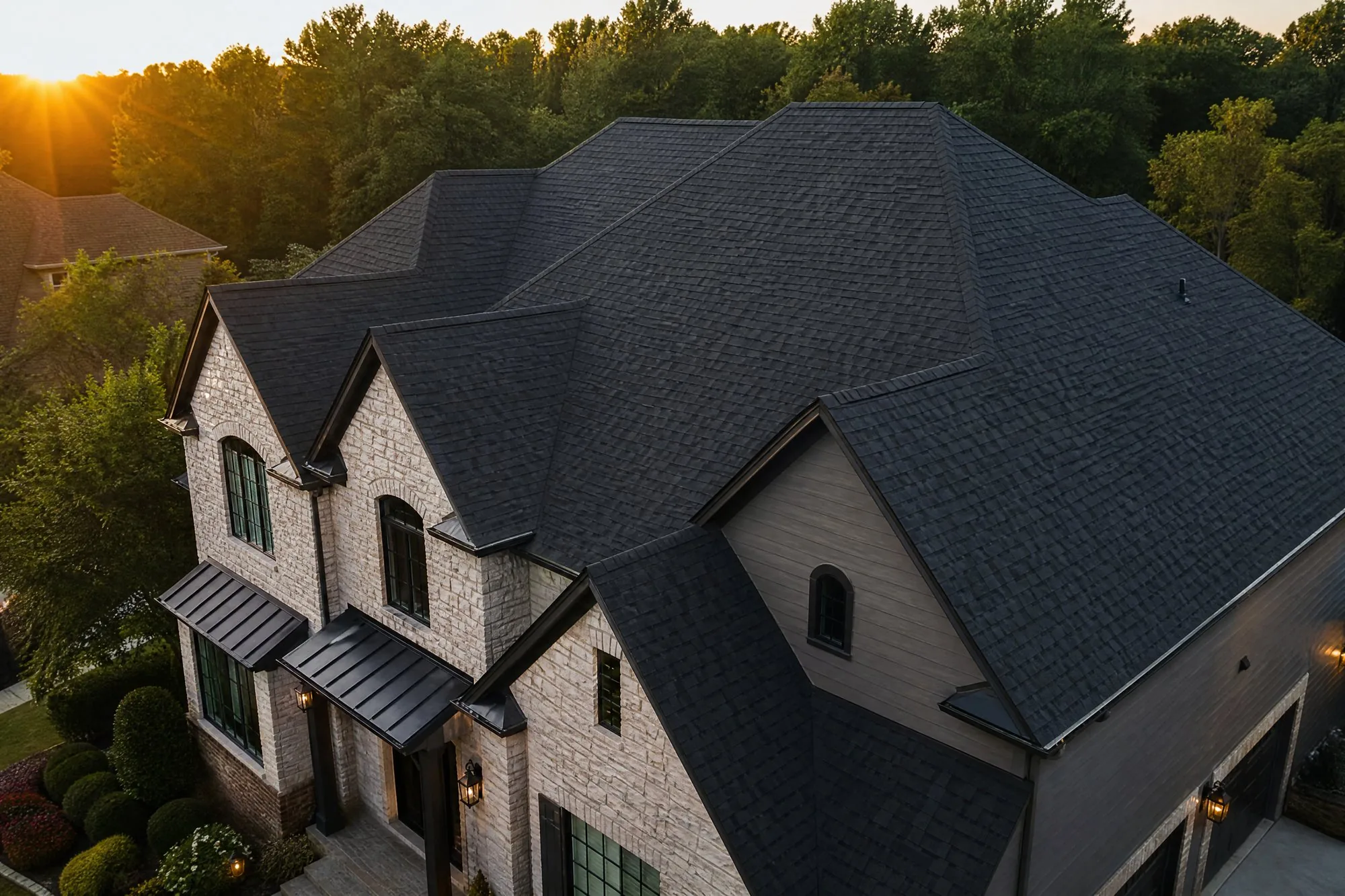 Neighborhood roofline at golden hour